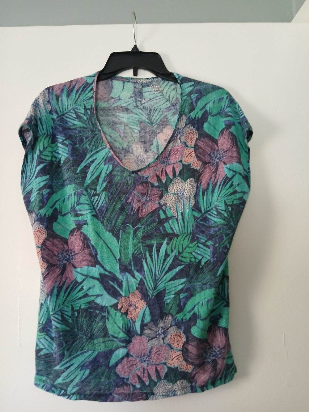 LOFT Tropical Floral V-Neck Top in Teal, Green & Pink